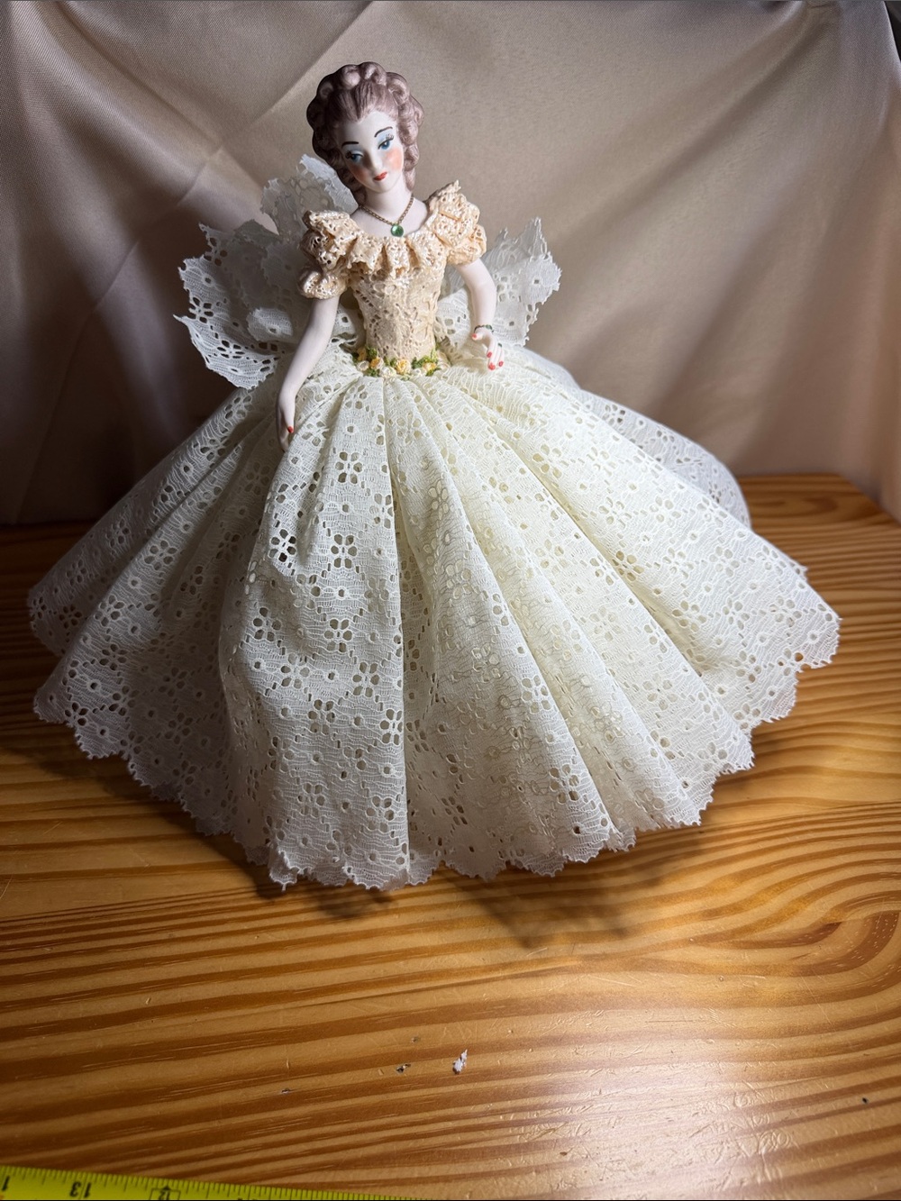 Vintage Porcelain Boudoir Doll Figurine White Cream Lace Dress 13” Wide Base